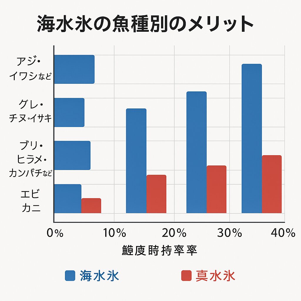 海水氷の効果は魚種によって差があることが分かりました。最も効果が大きい魚種 → 小型魚、軟体類（イカ・タコ）効果が中程度の魚種 → 中型魚（グレ・チヌ・イサキ）釣太郎