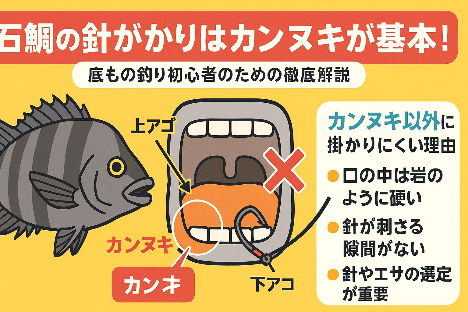 石鯛の口は岩のように硬く、普通の場所には針が刺さらない。唯一刺さりやすいのは口角の柔らかい部分=カンヌキ。釣太郎