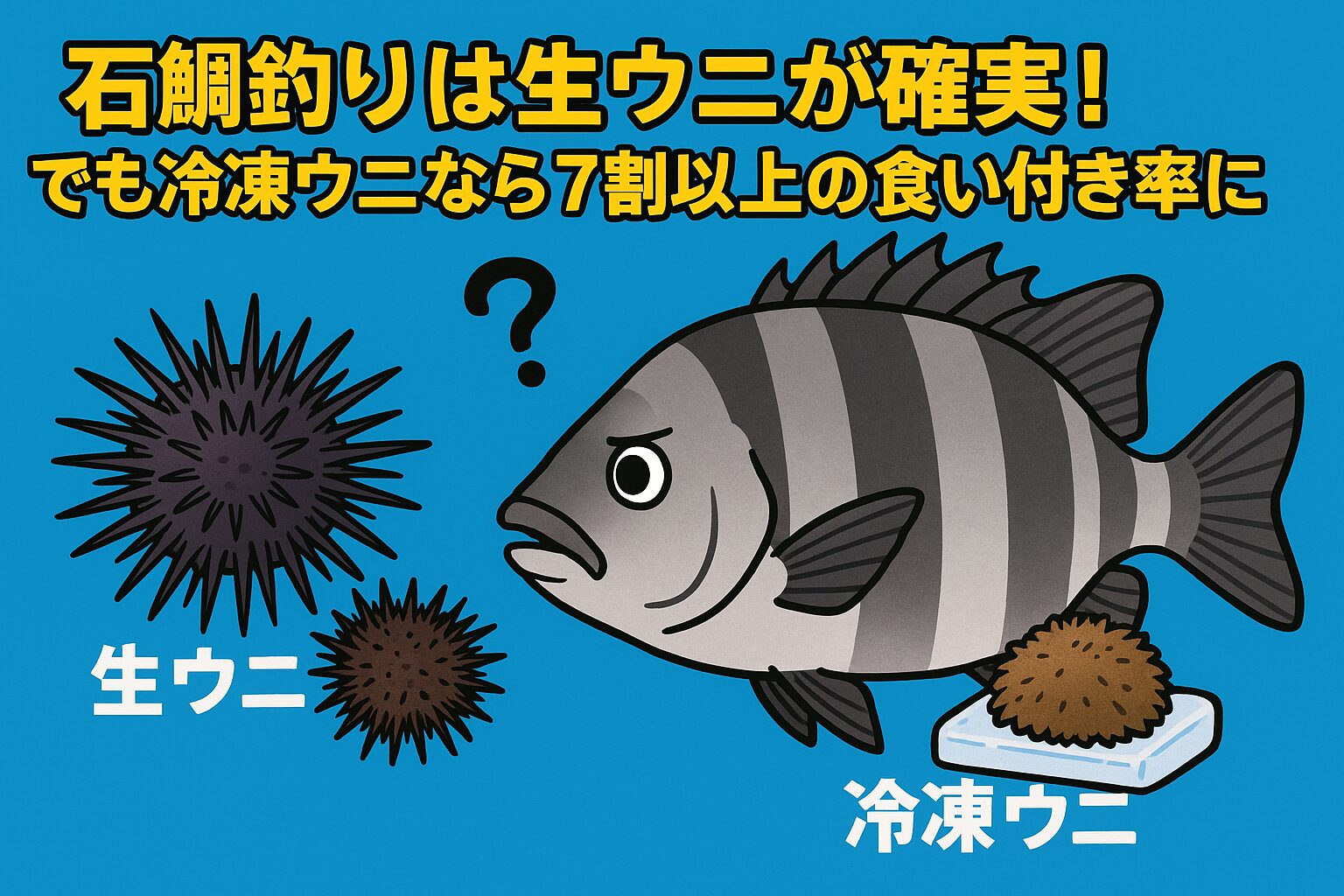 石鯛釣りにおいて、生ウニが最強のエサであることは間違いありません。冷凍ウニしか手に入らない場合でも、解凍方法や仕掛け方を工夫すれば7割以上の食い付き率を確保することは十分可能です。釣太郎