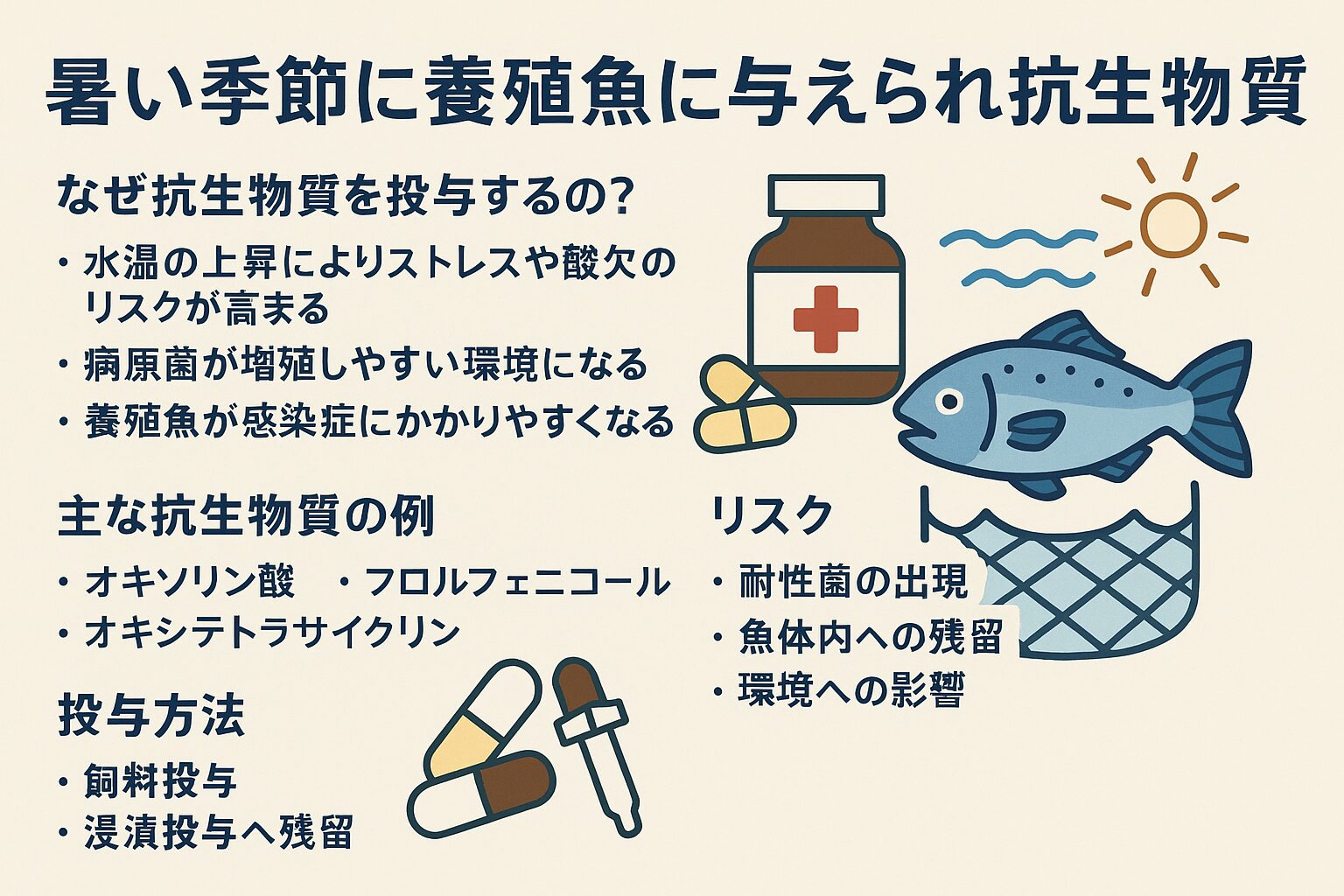 夏は高水温・酸欠・病原菌増殖のため、養殖魚が病気にかかりやすい ・その対策として抗生物質（オキソリン酸、フロルフェニコールなど）が投与される.釣太郎