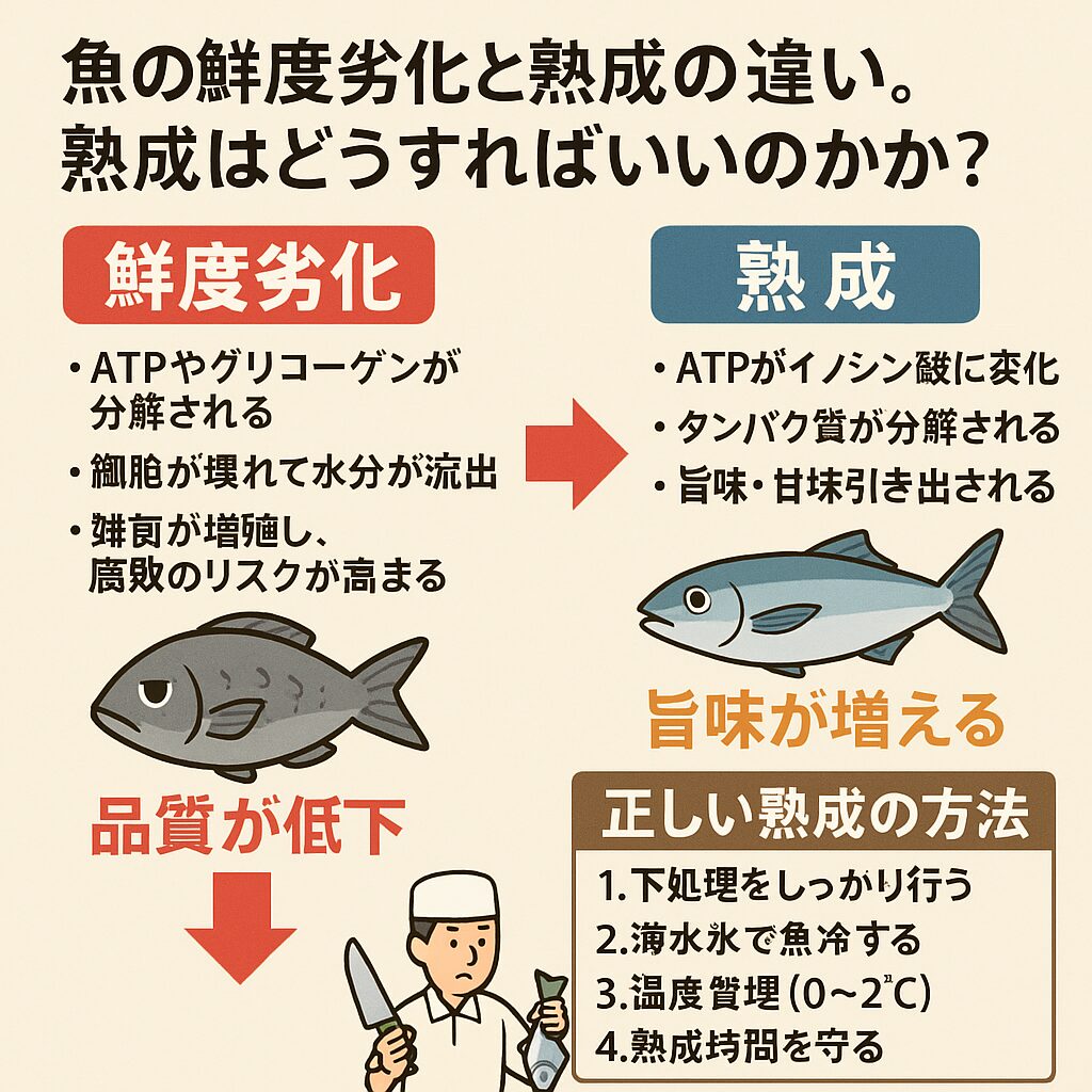 鮮度劣化＝品質低下、熟成＝旨味の増加。似ているようで全く違う。熟成に向くのは白身魚やイカ・タコ、青魚は鮮度が命。成功のカギは「下処理」「海水氷」「0〜2℃での保存」。釣太郎