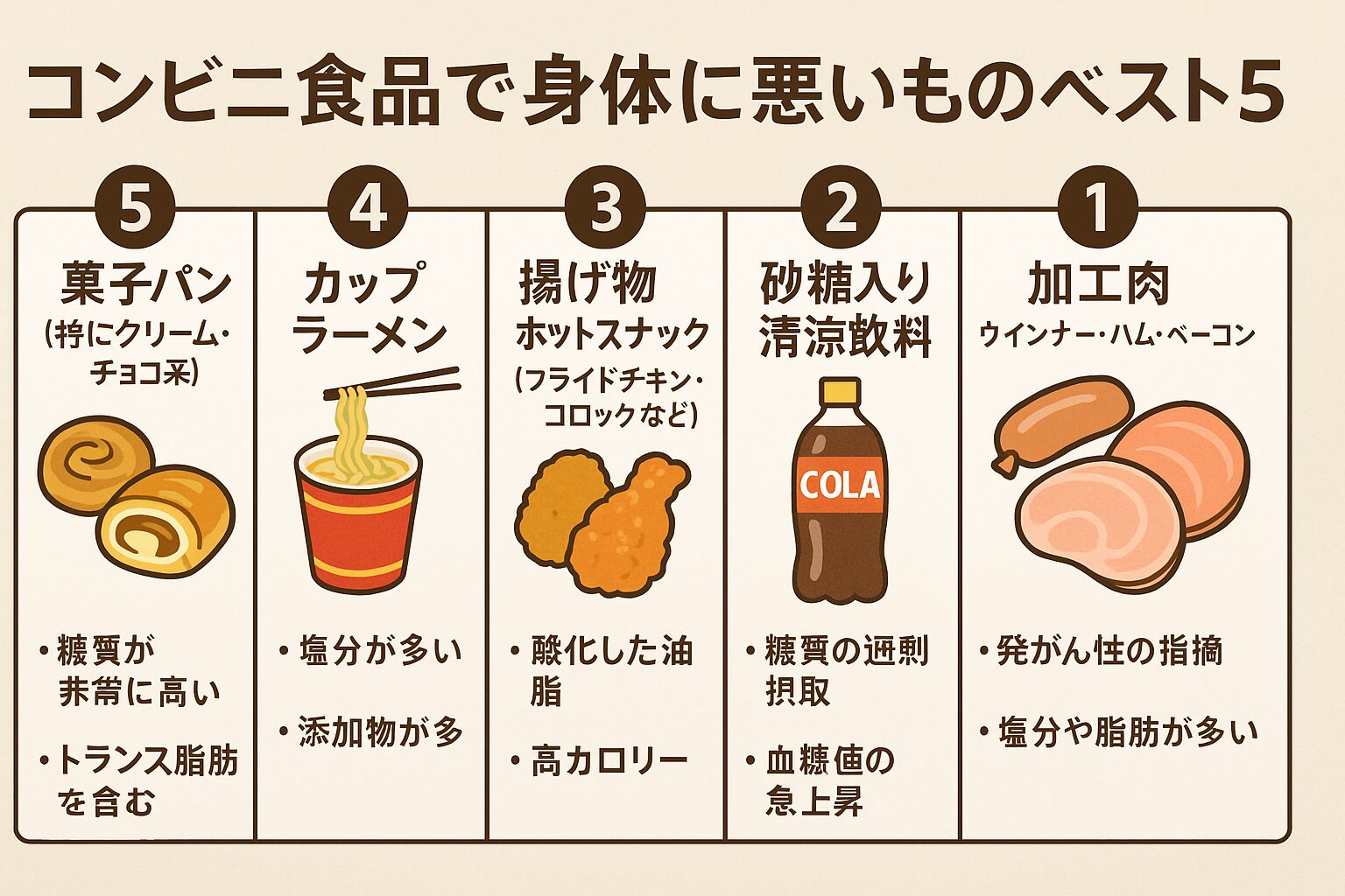 コンビニ食品は便利ですが、選び方を誤ると健康リスクが高まります。AI解析では、鮮度や味よりも「加工度の高さ」「塩分・糖分・油分の過剰」が最大のリスク。釣太郎