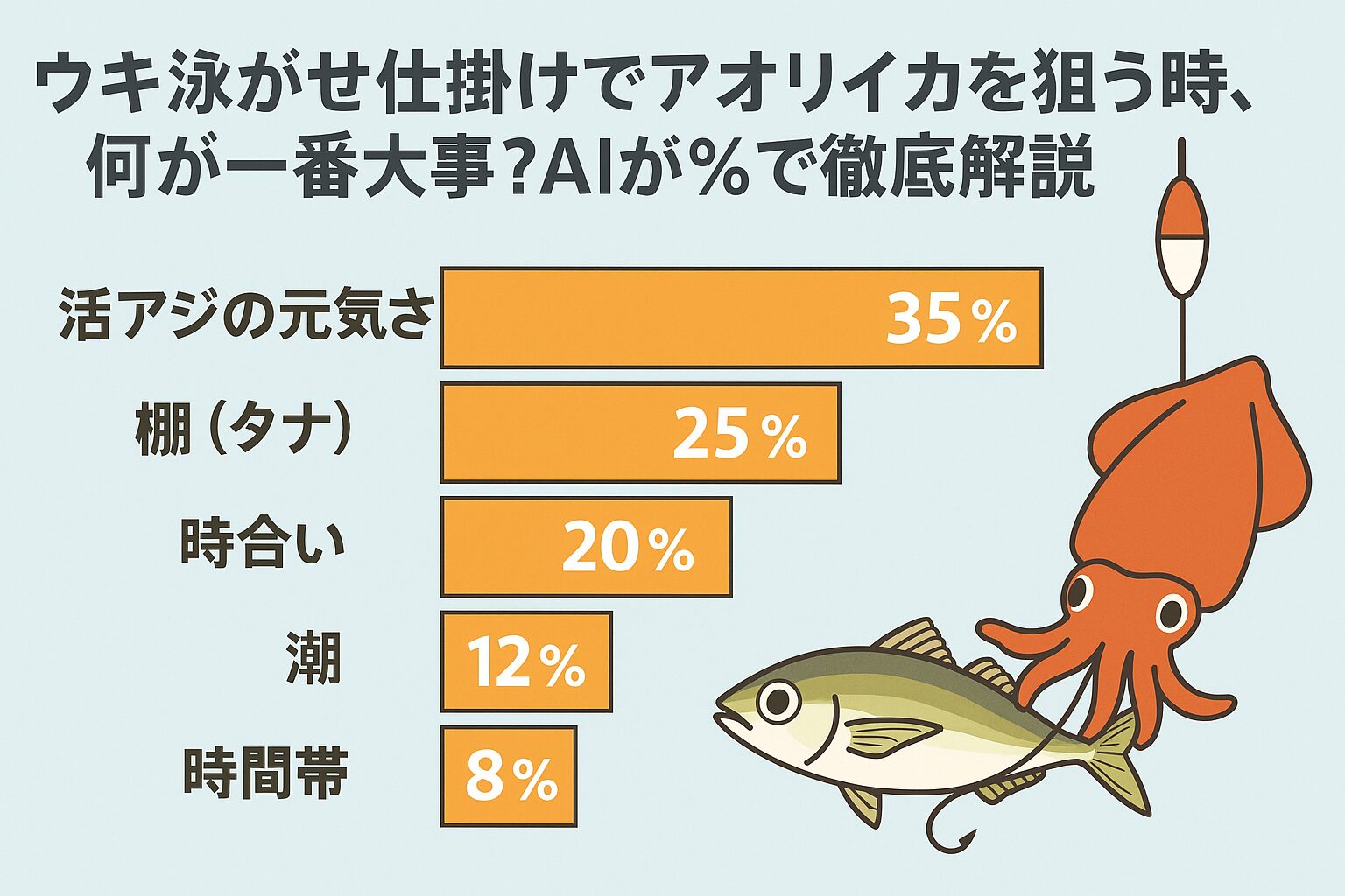 ウキ泳がせ仕掛けでのアオリイカ釣りは、シンプルなようでいて奥が深い釣法です。 AI解析の結論としては、**「活アジの元気さ」＋「棚設定」＋「時合い」**の3つで全体の約8割が決まります。釣太郎