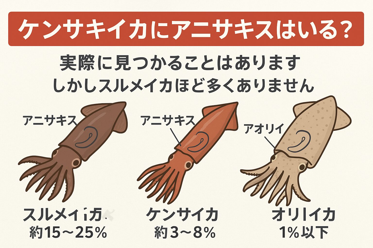 AI推定アニサキス発生率(目安)。スルメイカ:約15〜25%。ケンサキイカ(アカイカ):約3〜8%。アオリイカ:1%以下。釣太郎