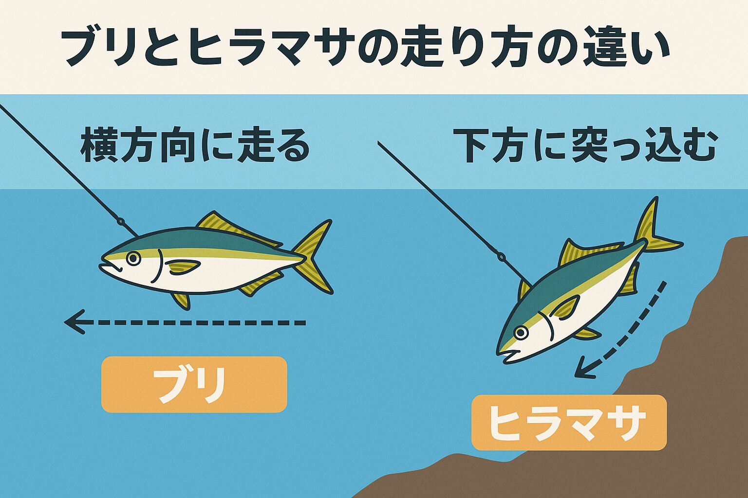 ブリとヒラマサは見た目が似ていますが、ヒット後の走りにははっきりとした差があります。ブリ：横方向へ力強く走り、持久戦タイプ ヒラマサ：下方向へ瞬発力で突っ込み、根に逃げるタイプ。釣太郎