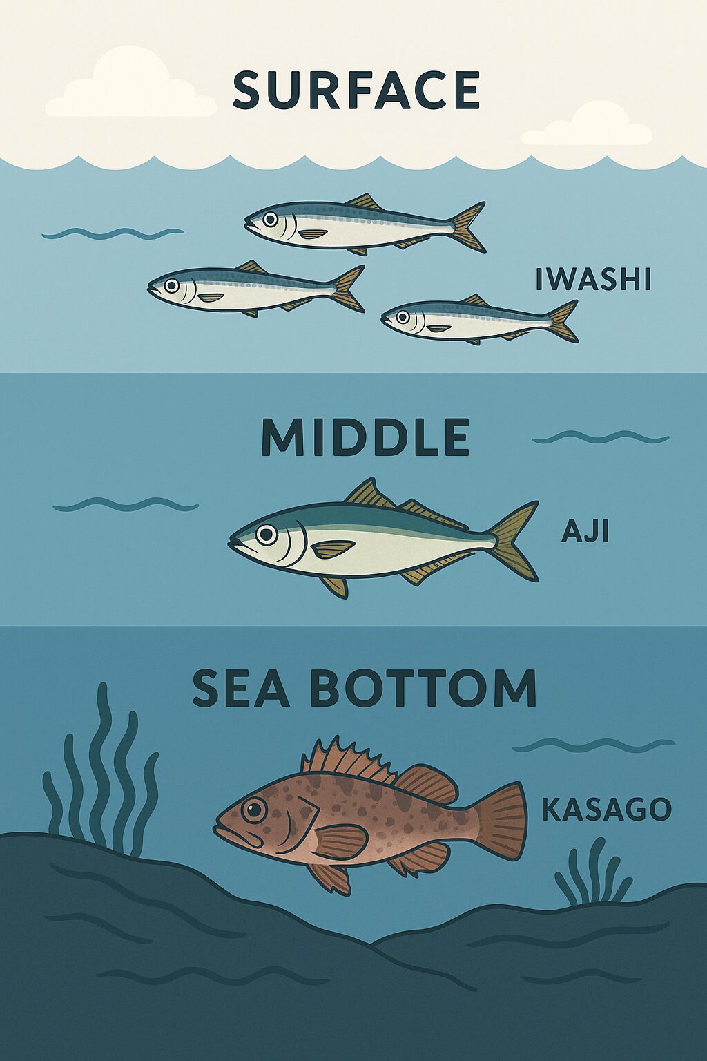魚は大きく「海面・中層・海底」の3つの層に分かれて生活しています。・海面:イワシ、サヨリ、トビウオなど小型の回遊魚・中層:アジ、サバ、ブリ、カツオなど青物のメインターゲット。釣太郎