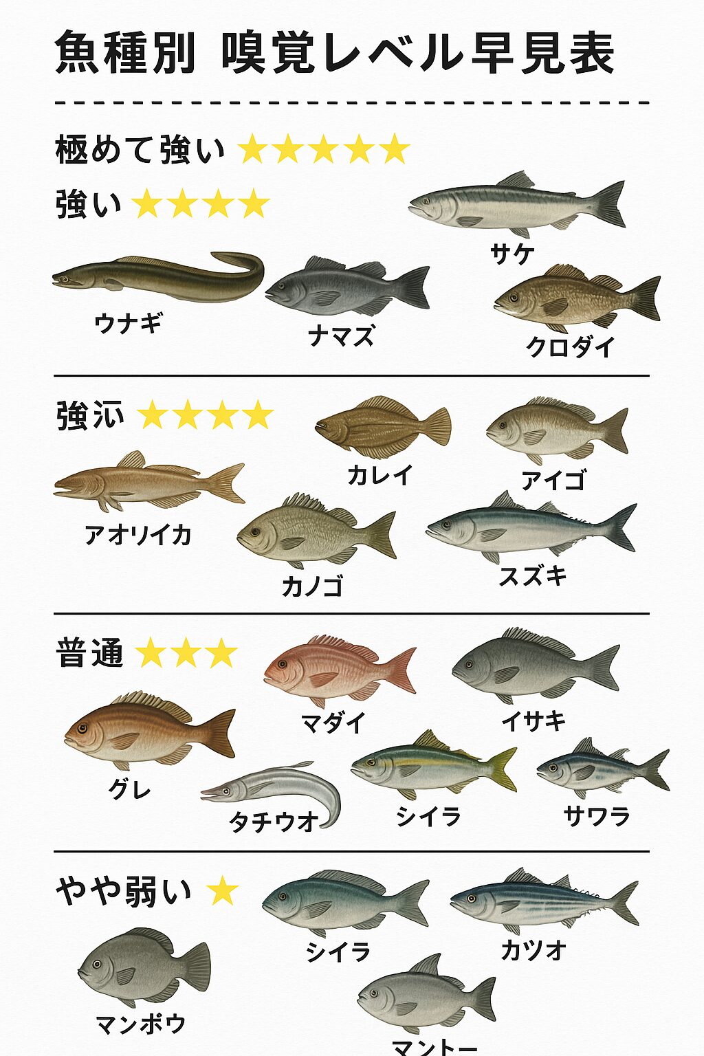AIシミュレーションの結果、嗅覚が特に発達しているのは「ウナギ・サケ・ナマズ・クロダイ」など。釣太郎