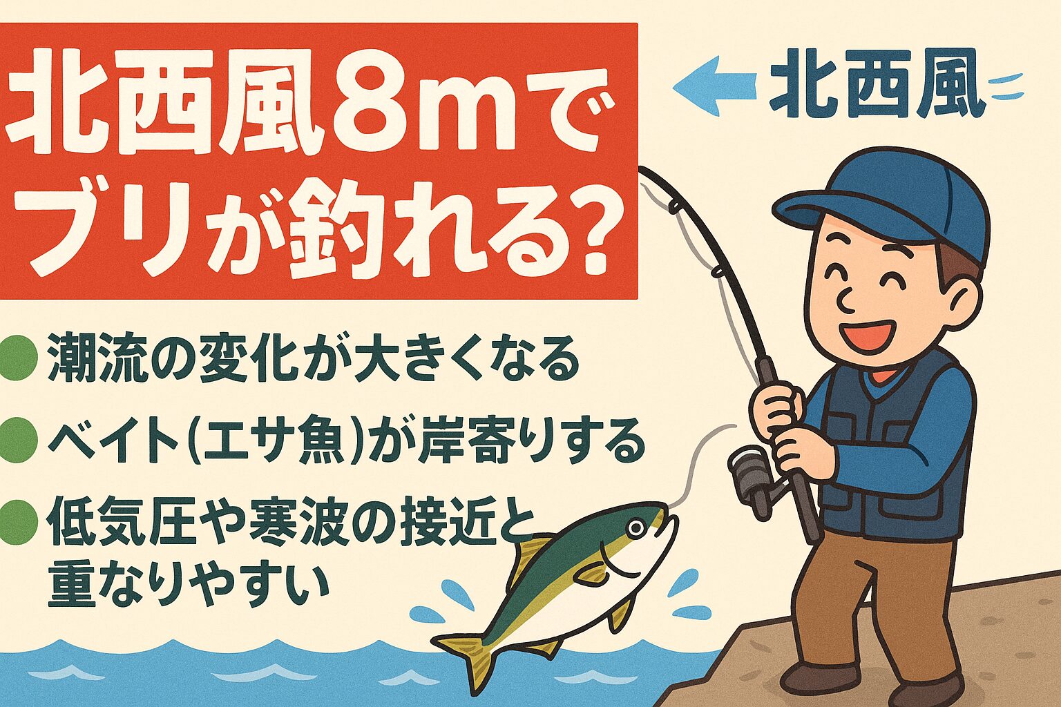 南紀地方で「北西風8m」という条件は、ブリ釣りにおいて間違いなくプラス要因です。・海がかき混ぜられベイトが動く・ブリの活性が高まる・普段は釣れない場所でもチャンスがある.
釣太郎