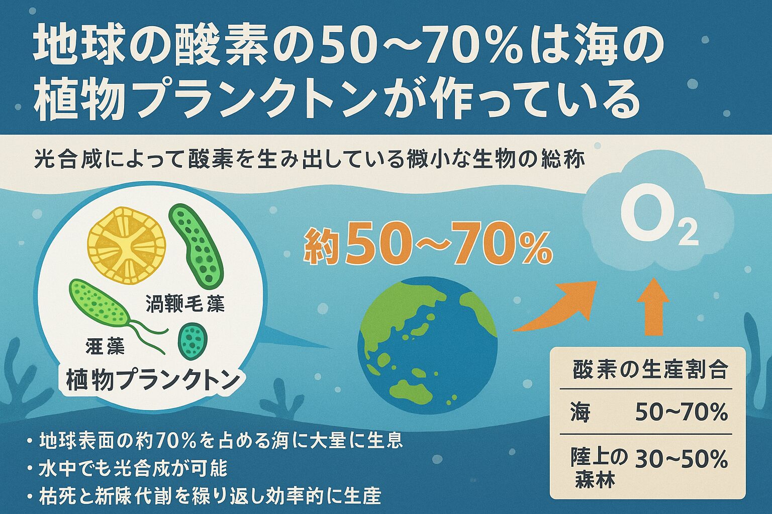 地球の酸素の過半数を作っているのは、森だけではなく海の小さな植物プランクトンです。釣太郎