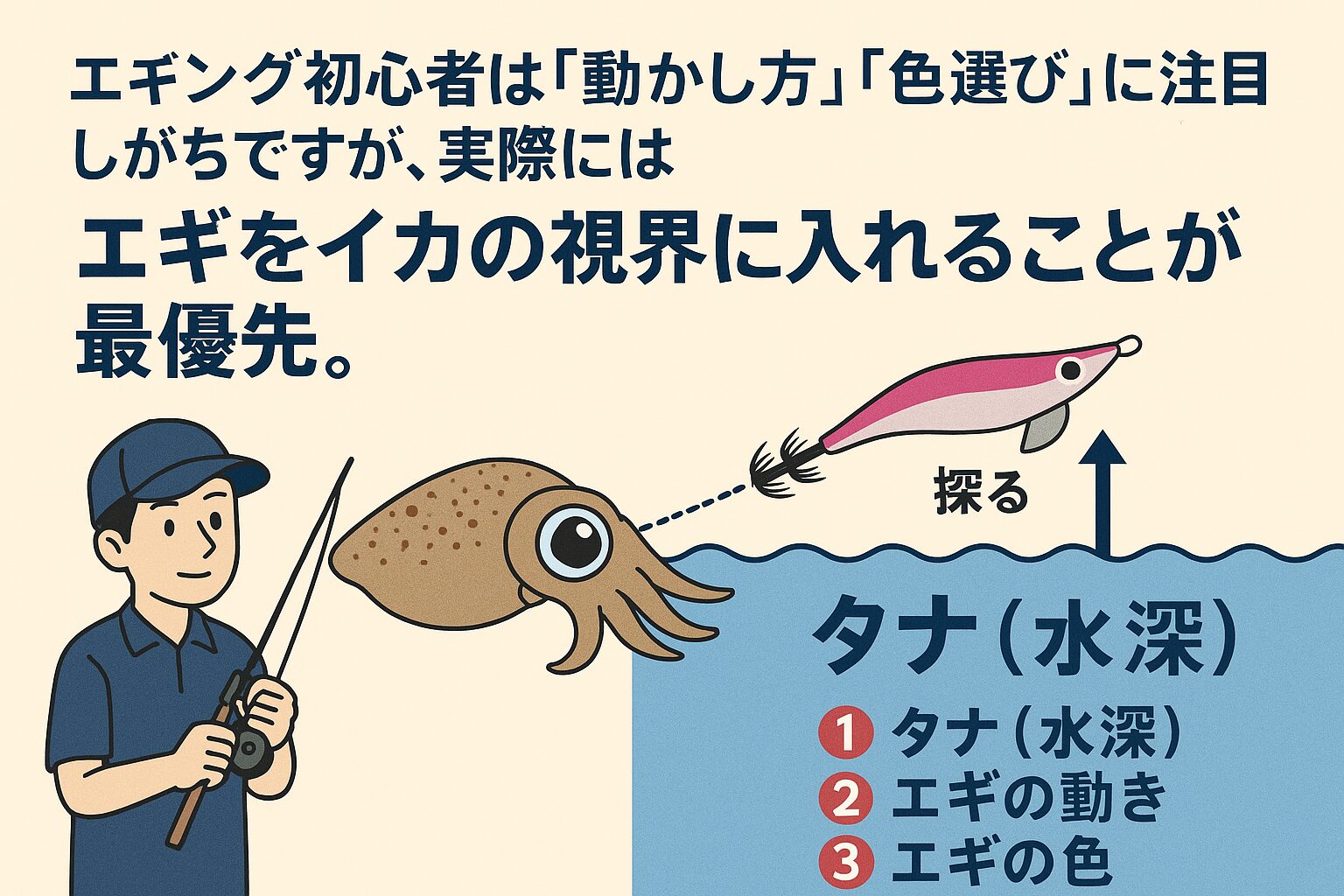 エギング初心者は「動かし方」や「色」に気を取られがちですが、実際には タナ(水深)を正確に意識して、エギをイカの視界に入れることが最重要。釣太郎