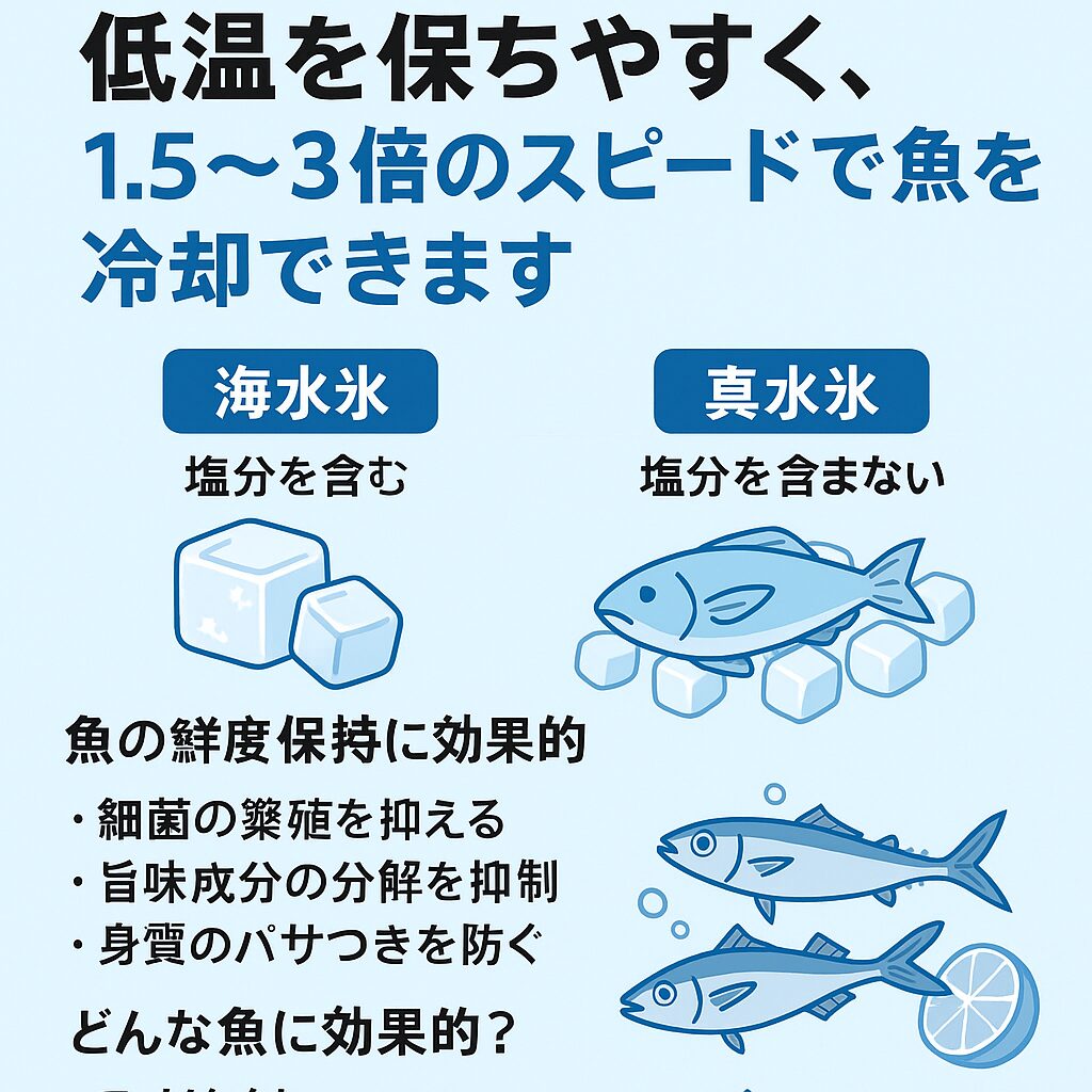 海水氷を使えば、真水氷よりも低温を長時間キープし、1.5〜3倍のスピードで魚を冷やせます。釣太郎