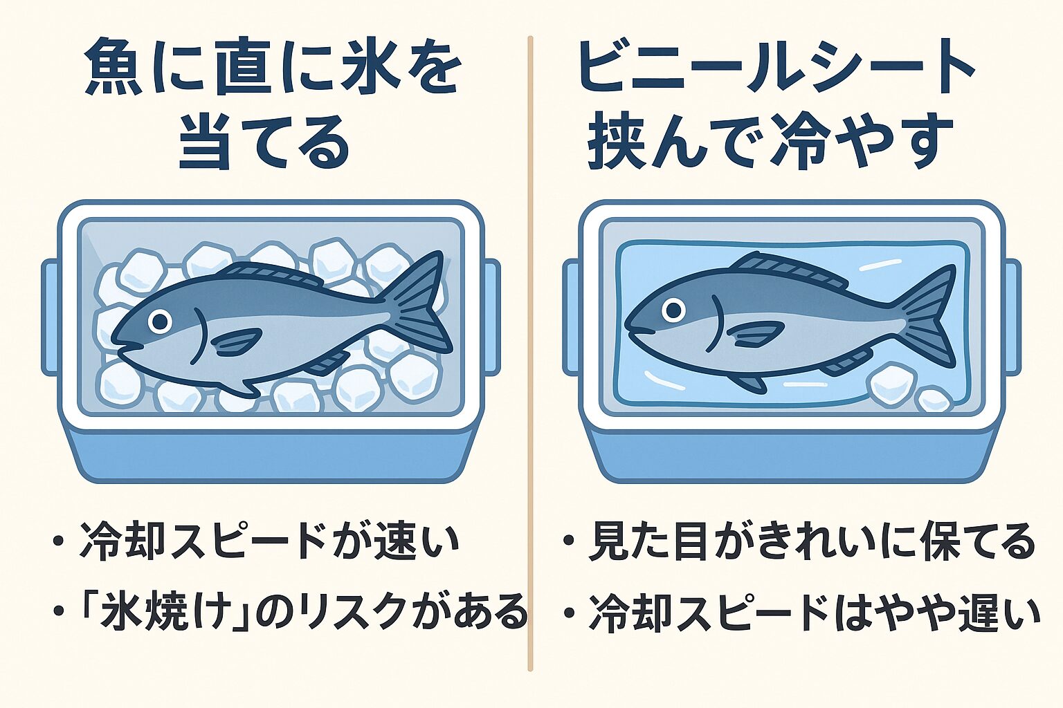 魚を冷やす方法ひとつで、鮮度保持力・旨味成分の残り方・見た目の美しさ。すべてが変わってきます。直氷はスピード、ビニールシートは保護と見た目。釣太郎