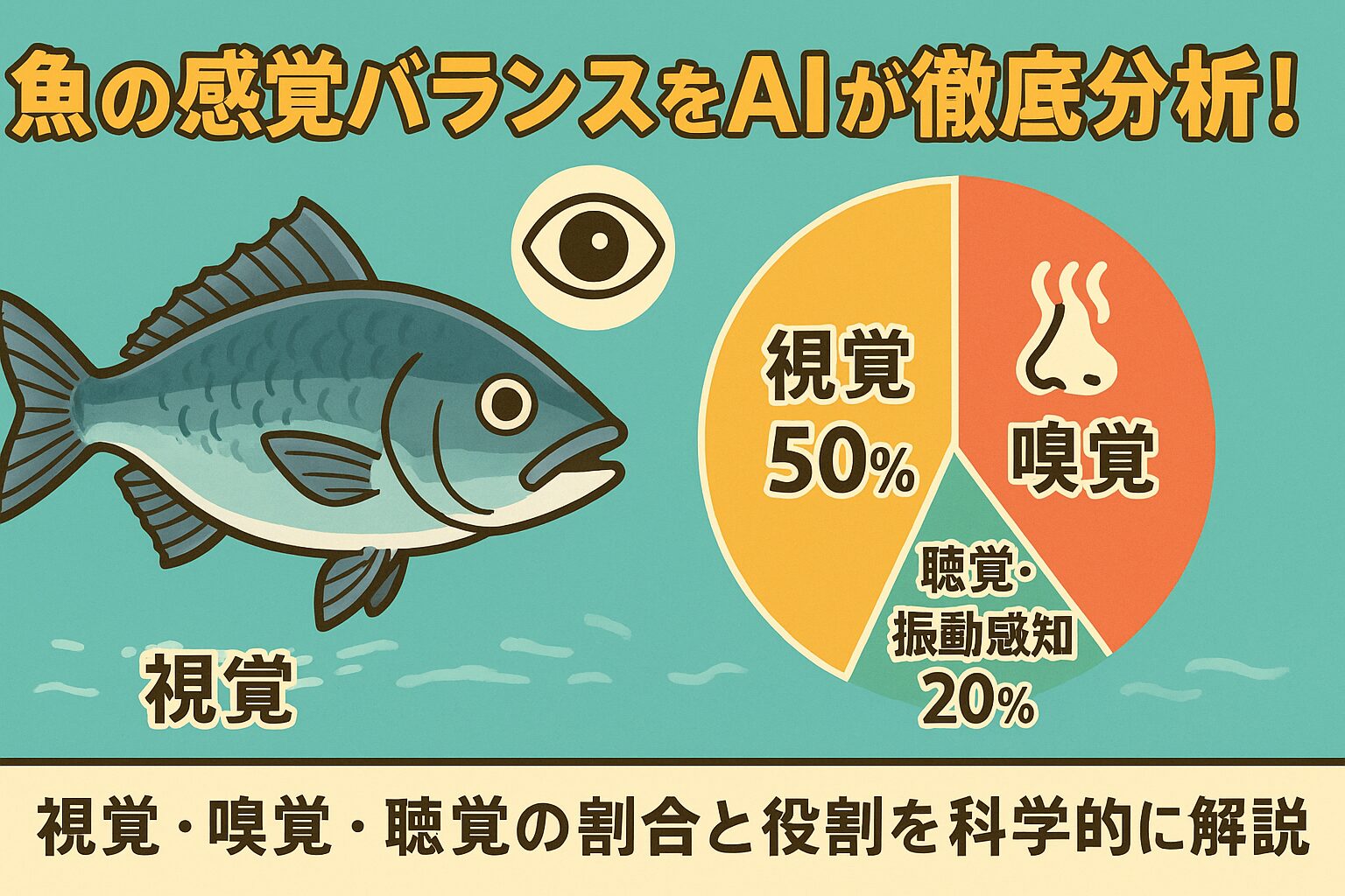 魚の感覚バランスは、視覚50％・嗅覚30％・聴覚20％が標準。釣太郎