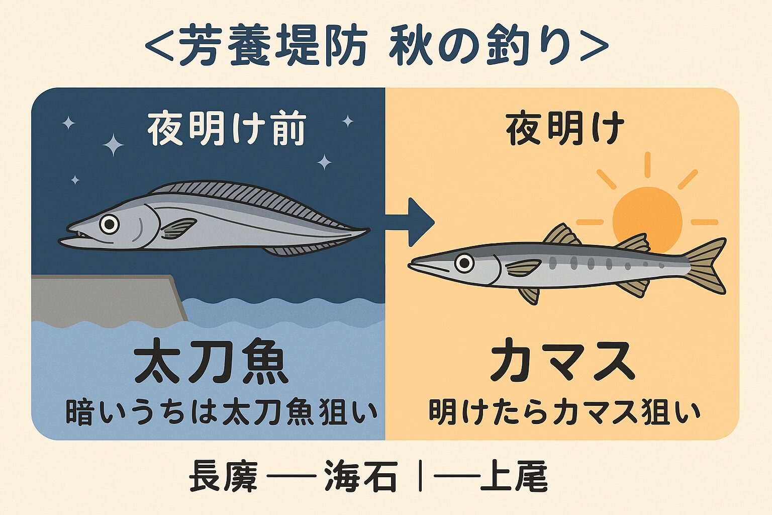 タチウオとカマスは、ベイトを追って同じ堤防周りを回遊することがある。 ✔ ただし時合はズレており、タチウオが去った後にカマスが寄りやすい。釣太郎