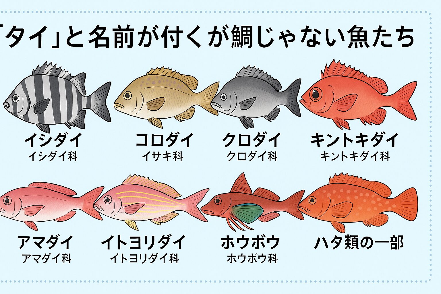 「鯛」と名前が付いていても、実際の鯛科は限られている。イシダイ、コロダイ、クロダイ、キントキダイ、アマダイ、イトヨリダイなど、多くは別の科に属する。釣太郎