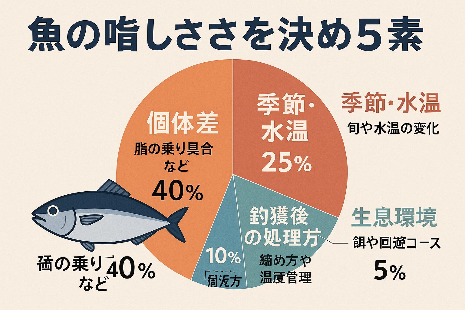 美味しい魚を食べるための最重要ポイント 味の40％は個体差で決まるため、選別が大事。季節や水温による味の差も大きい。鮮度だけでなく、処理方法で20％の差が生まれる。生息環境・調理法は最後の仕上げに関与。釣太郎