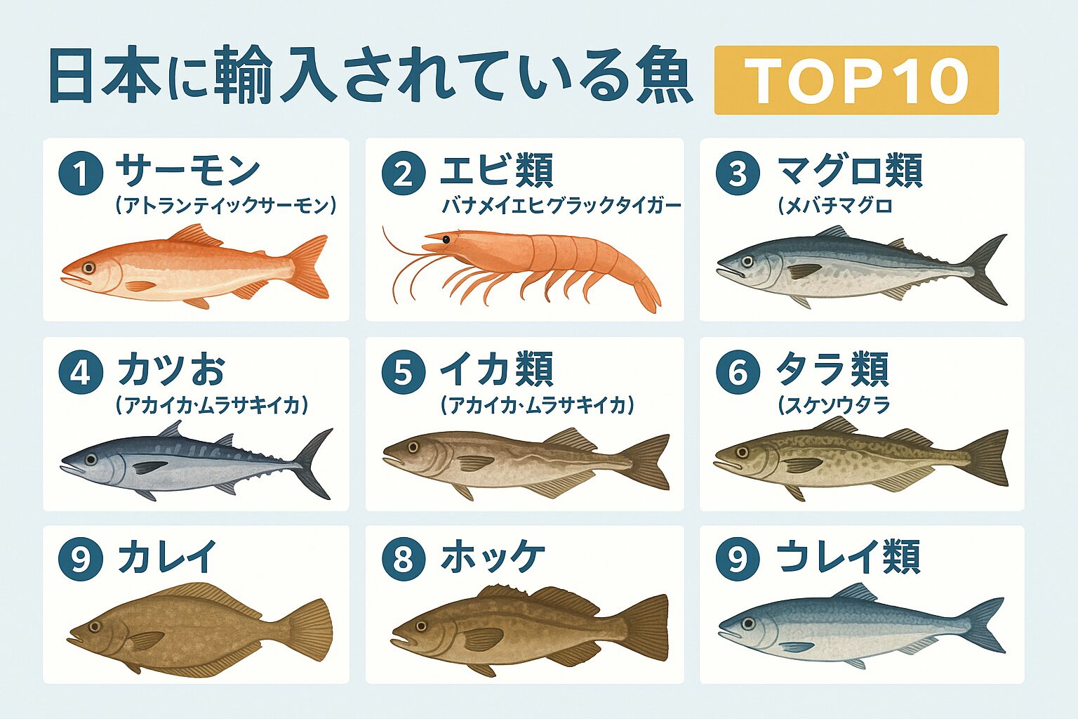 日本の食卓に並ぶ魚の多くは輸入に依存しています。特にサーモン・エビ・マグロは輸入なしでは成り立たないほど重要です。釣太郎