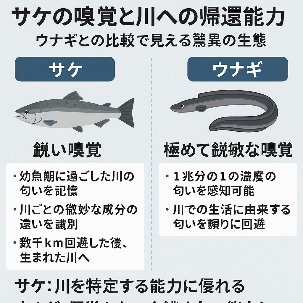 サケは嗅覚で川の匂いを記憶し、生まれた川へ戻る「母川回帰」を実現。 ・ウナギは1兆分の1の濃度を感知する超嗅覚を持ち、数千キロの回遊を行う。釣太郎