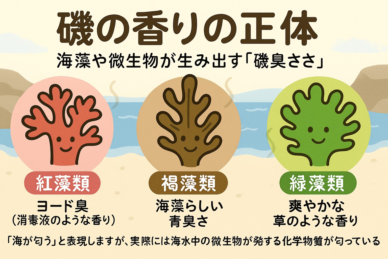 海辺の「磯臭さ」は決して一つの匂いではなく、・紅藻類 → ヨード臭（消毒液のような香り）・褐藻類 → 海藻らしい青臭さ・緑藻類 → 草のような爽やかさ。釣太郎
