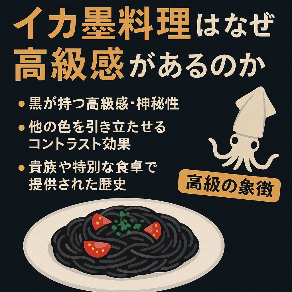 イカ墨料理が高級感を持つ理由は、大きく分けて2つ。色彩心理学的要因。黒が持つ「高級感・神秘性・非日常性」、他の色を引き立てるコントラスト効果。食文化的背景。釣太郎