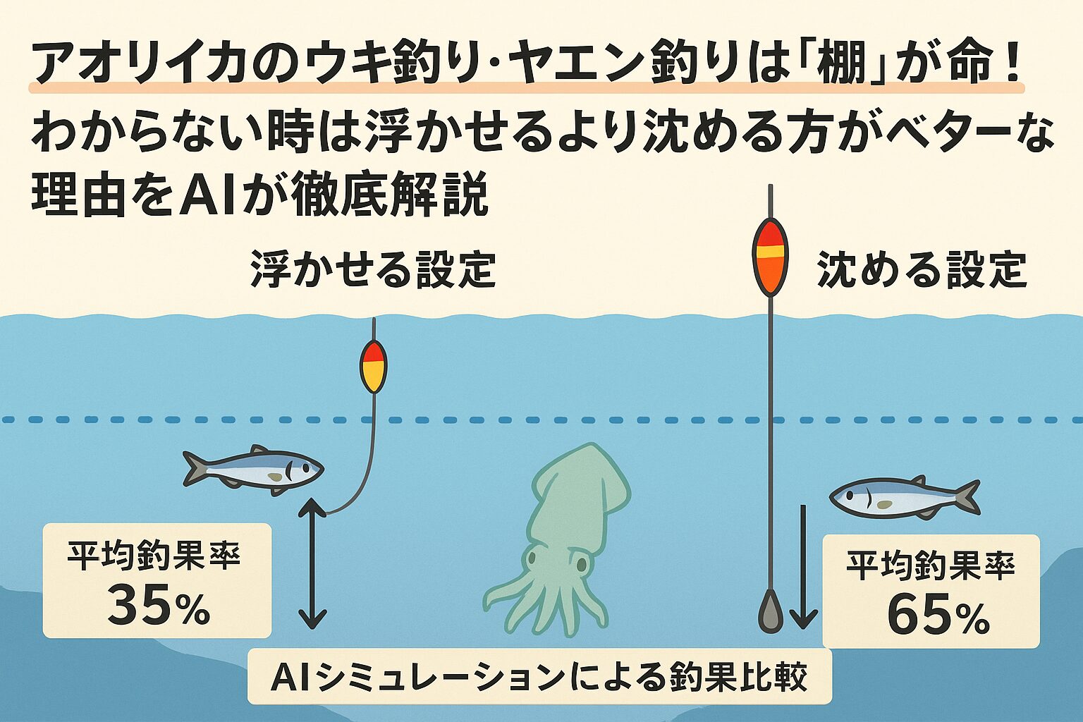 アオリイカのウキ釣りやヤエン釣りでは、タナ合わせが釣果を大きく左右します。タナが分からない時、闇雲に浮かせるよりも、やや沈め気味に設定する方がアタリを取れる確率が高いことがAI解析で明らかになりました。アオリイカは下から獲物を襲う。表層は警戒心を強めやすい。底付近は待ち伏せゾーンでヒット率が高い.
釣太郎