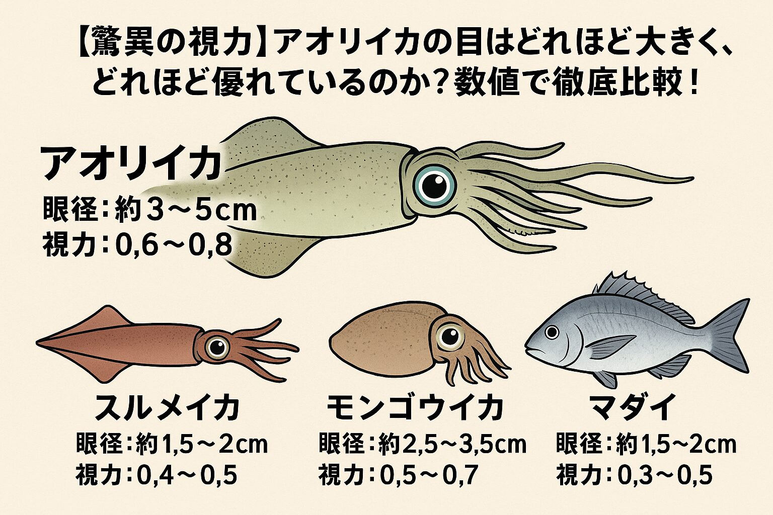 アオリイカの目は、体長比で見てもスルメイカやモンゴウイカより約1.5倍大きい。視力は人間換算で0.6〜0.8と高く、魚類よりも優れている。釣太郎
