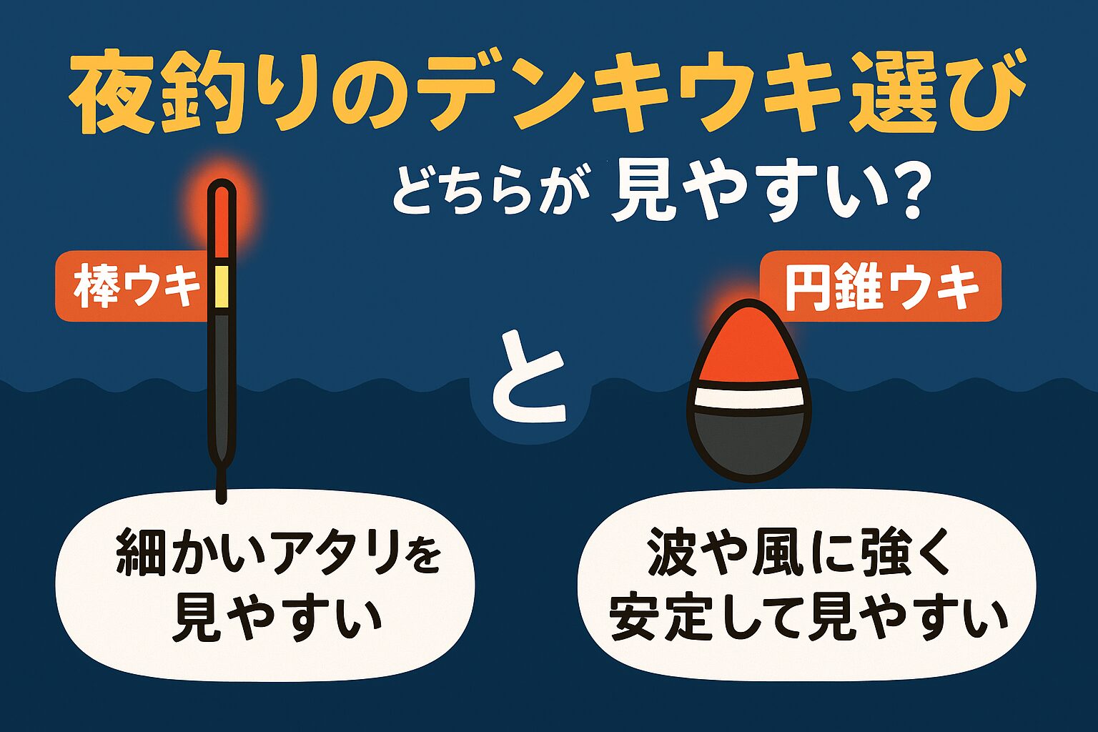 初心者はまず棒ウキから始め、慣れてきたら円錐ウキも揃えておくと夜釣りの幅が一気に広がります。釣太郎