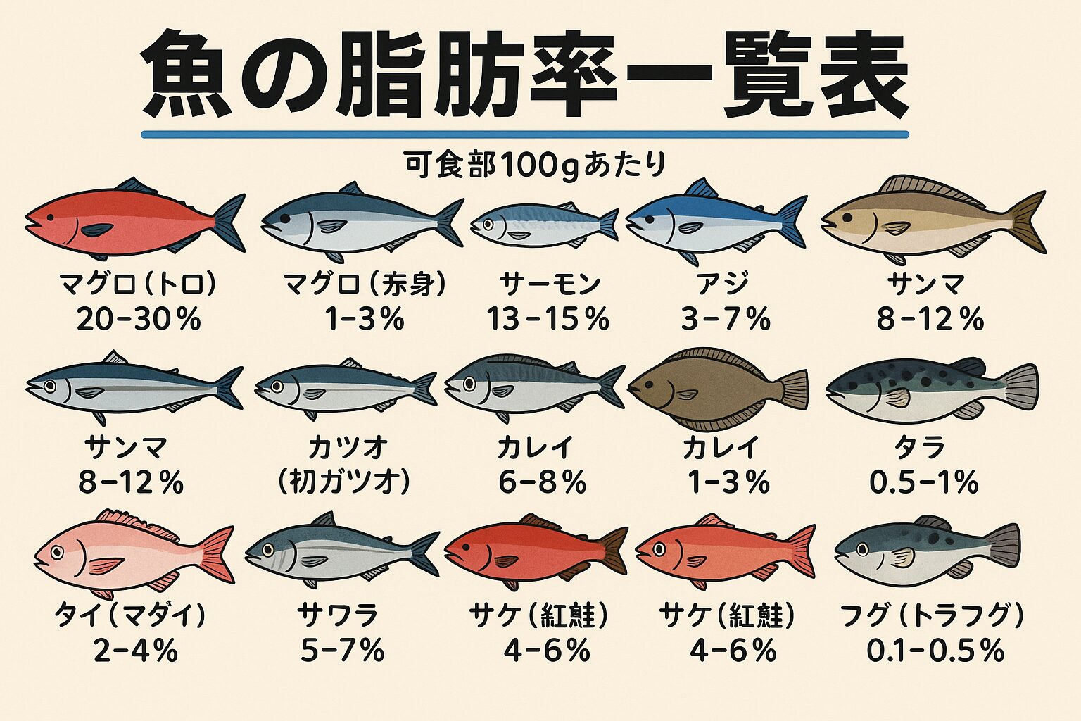 魚の脂肪率は0.1%(フグ)から30%(マグロ大トロ)まで幅広い。脂が多い魚は刺身や寿司で人気。少ない魚は煮付けや鍋物で真価を発揮。釣太郎