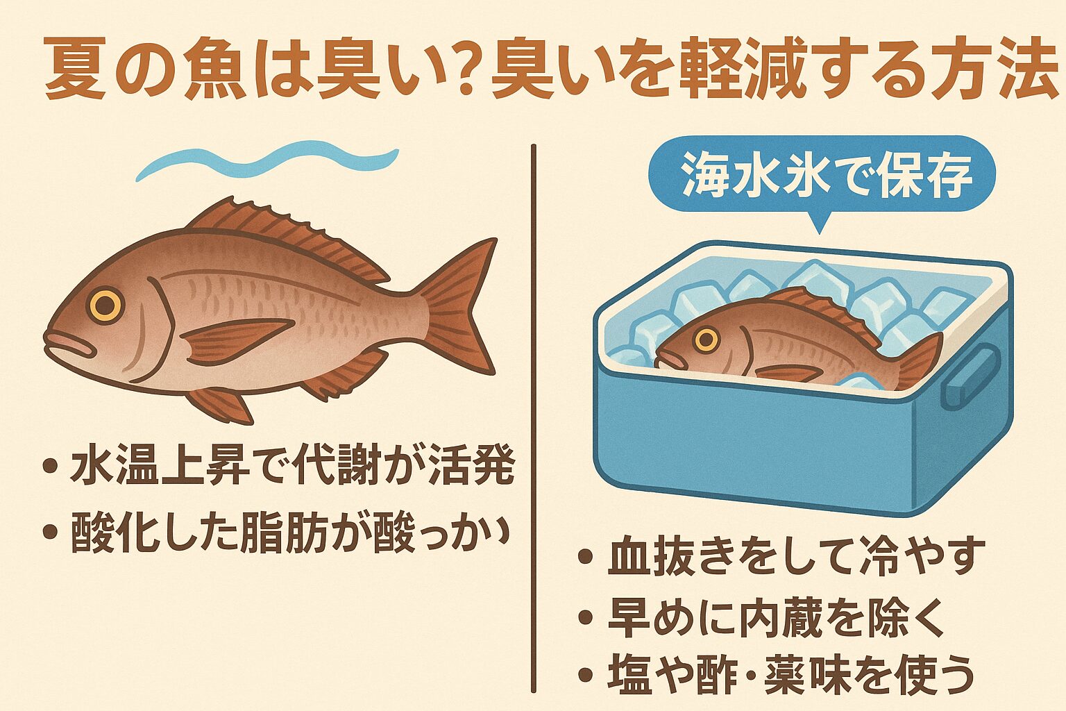 ・夏の魚＝臭い、ではなく・夏の魚＝正しい処理が必要。と理解しておくことで、釣りの楽しみも食卓の満足度も大きく変わります。釣太郎