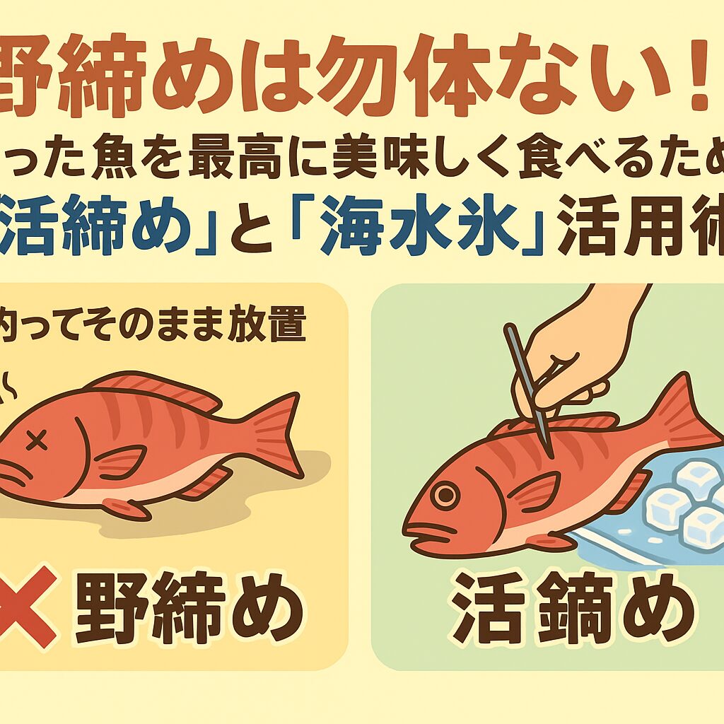 釣り魚、野締め＝魚を不味くする最大の原因 ・活締め＝魚を美味しく食べるための必須テクニック。・海水氷＝魚を守りながら冷却できる最強の方法。釣太郎