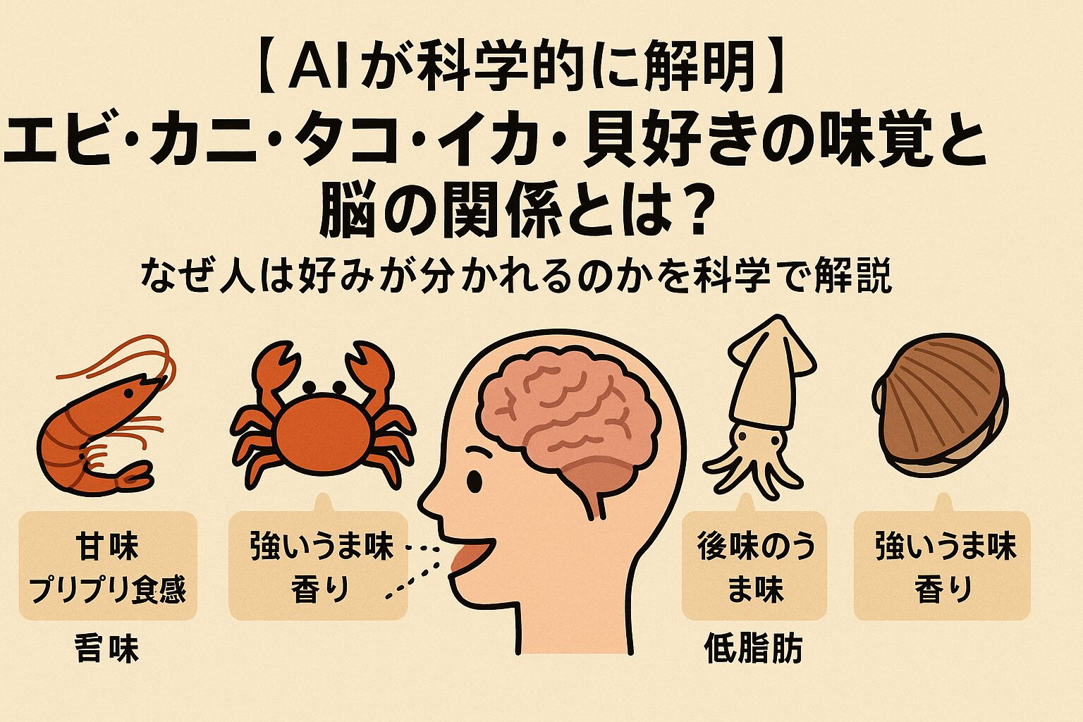 人の「エビ、カニ、タコ、イカ、貝好き」は、科学的に説明できる。
・味覚と嗅覚の感度、遺伝子、経験が組み合わさって好みが形成される。
・特定の海鮮が苦手でも、調理法を変えることで克服できる可能性がある。
AI解析の結果、海鮮の好みは「生まれつきの味覚+体験記憶」によって決まることが分かりました。釣太郎