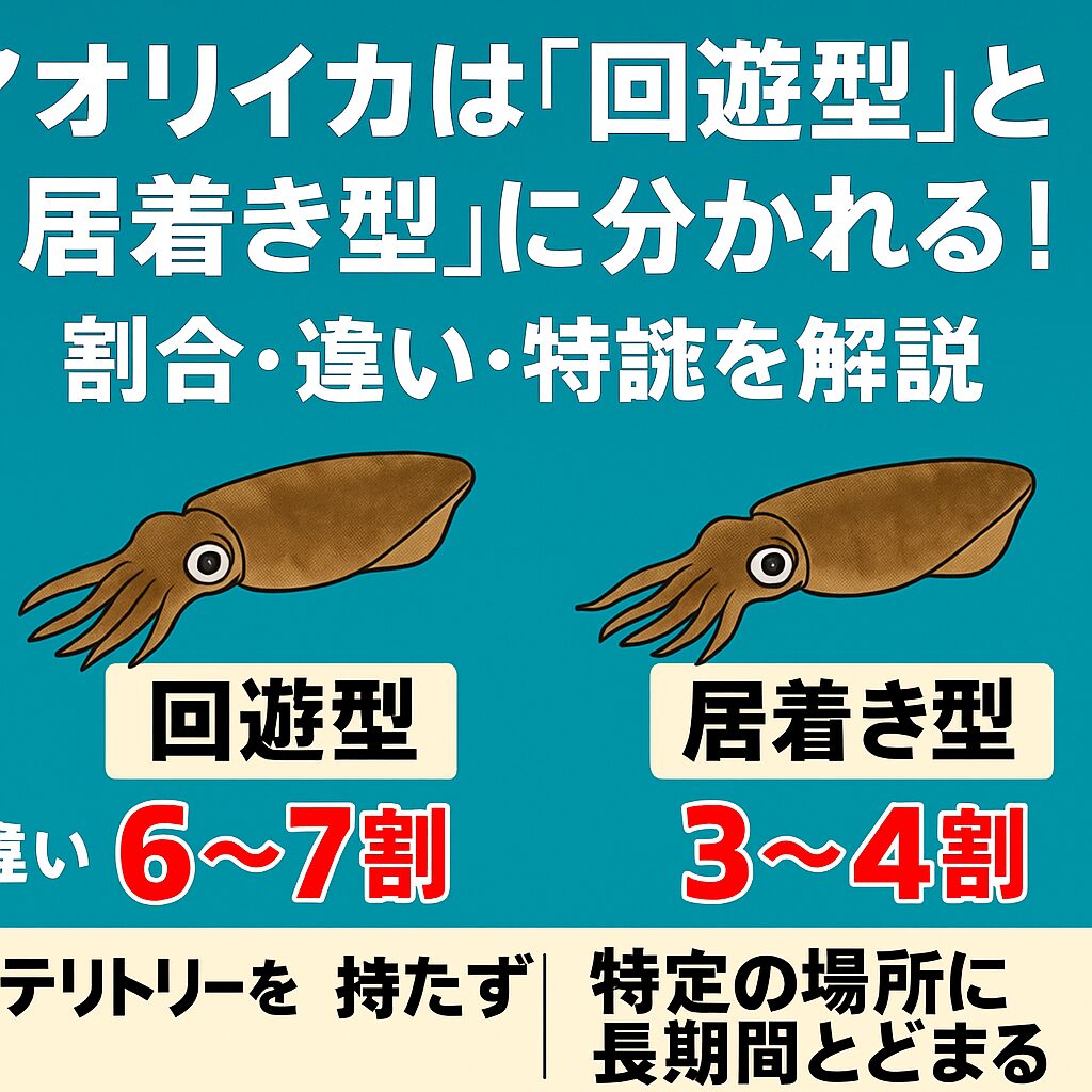 アオリイカの釣果を分けるのは「型の違い」 。回遊型 → 全体の6～7割、広範囲を移動し爆釣型。居着き型 → 全体の3～4割、安定して釣れる定着型。釣太郎