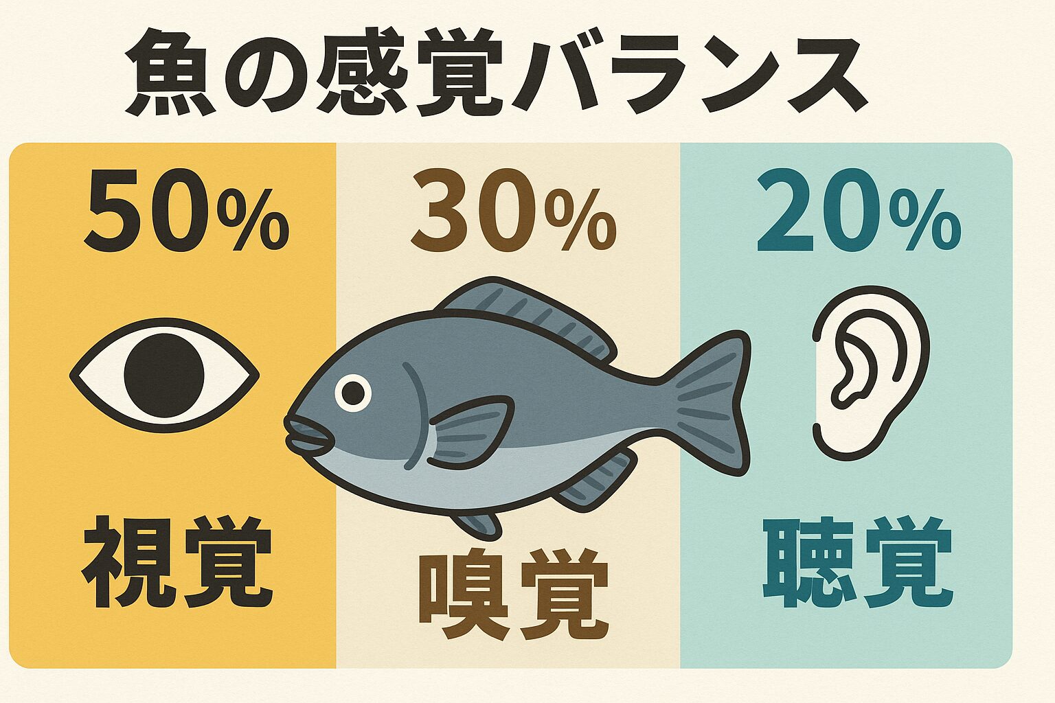 魚は視覚50％、嗅覚30％、聴覚20％のバランスで周囲を認識している。釣太郎