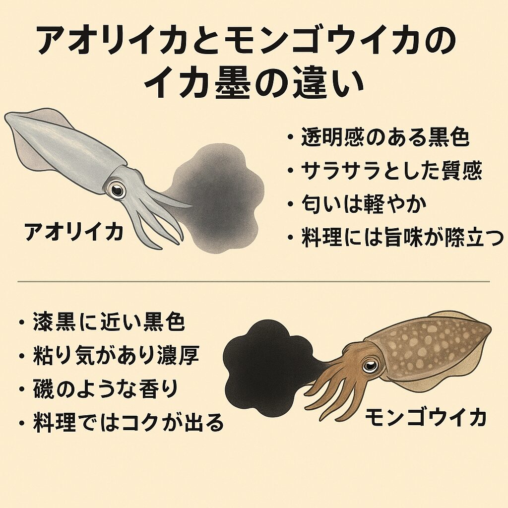 アオリイカは沿岸の透明度が高い海域で待ち伏せ捕食を行うため、広範囲に視界を遮るサラサラ墨。釣太郎