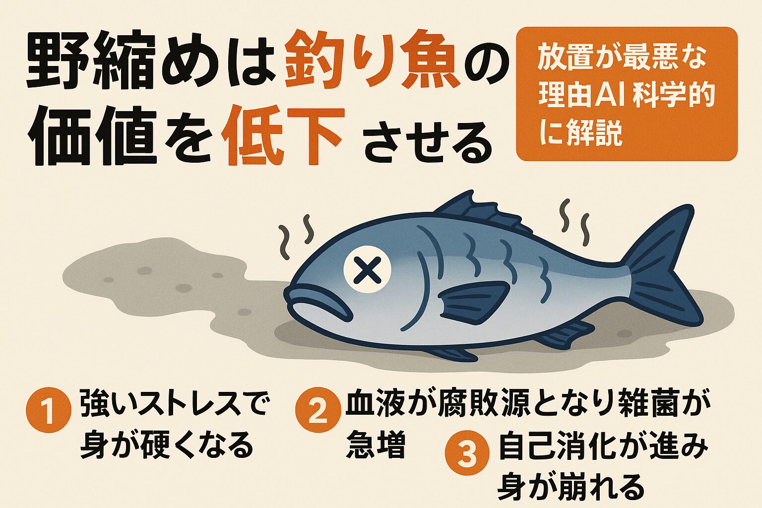釣った魚を最大限美味しく、安全に食べるためにも、「野締め」は絶対に避けましょう。 それが釣り人の腕前を示す最も重要な一歩です。釣太郎