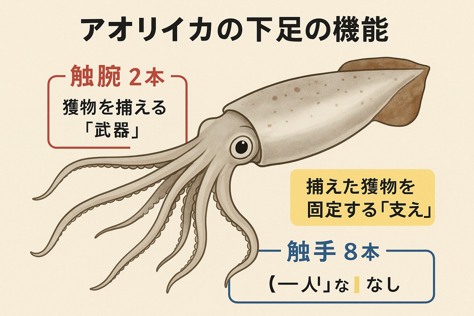 アオリイカの下足は10本。そのうち2本が 触腕(捕獲用の武器)、残り8本が 触手(固定・操作用の支え)。釣太郎