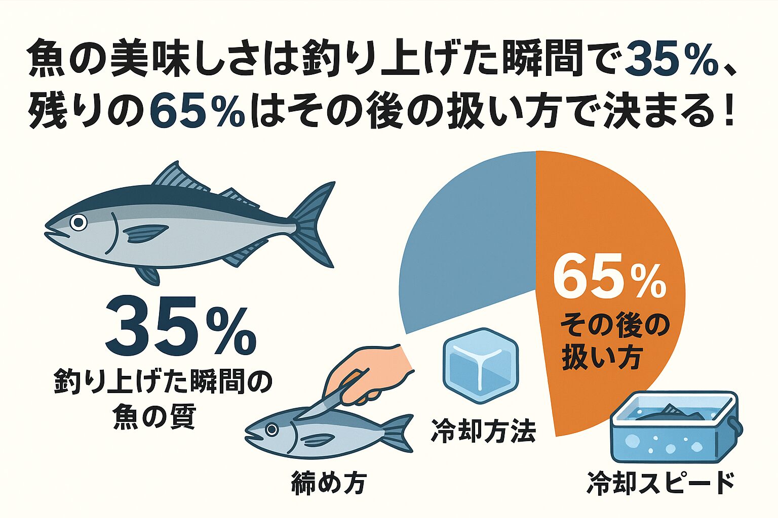 魚のおいしさは、釣り上げた瞬間の魚の質 → 35％。その後の扱い方 → 65％締め方 → 30％。釣太郎 　氷の種類（真水or海水） → 20％、　冷却スピード → 15％。釣太郎