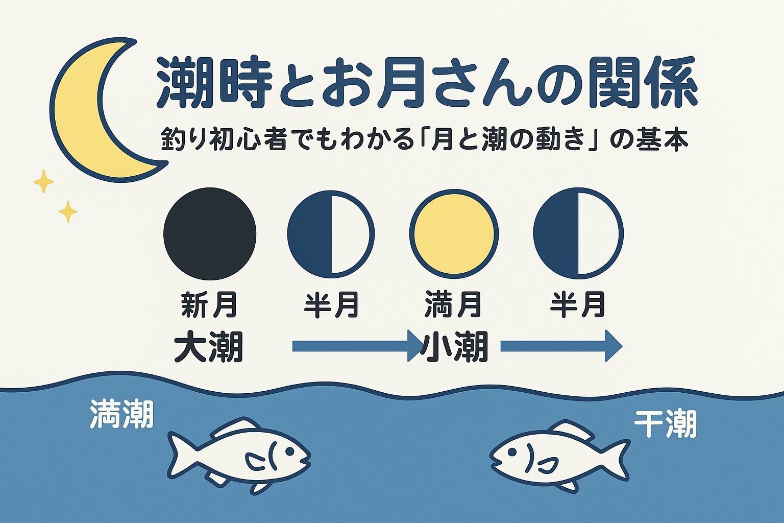 釣り初心者さんが覚えておくべきポイントは3つです。潮の満ち引きは、月の引力と太陽の引力で決まる。新月・満月は大潮になり、潮の動きが活発。 魚がよく釣れるのは、潮が動き出す時間帯や動いている最中。釣太郎