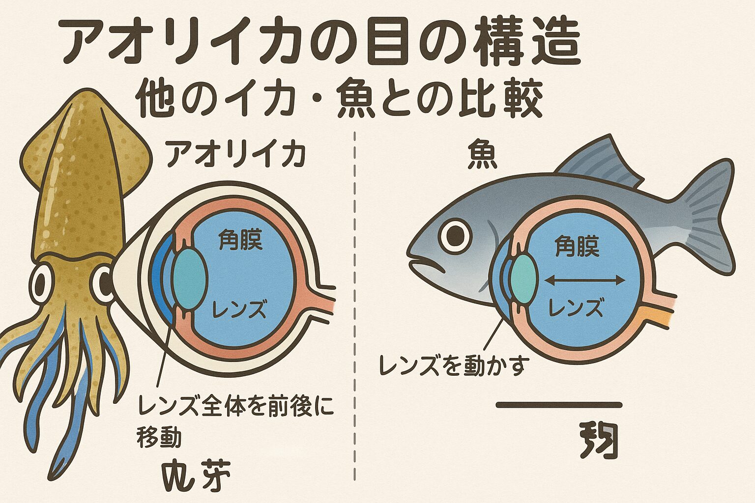 アオリイカの大きな目は、他のイカや魚と比べても特殊な構造を持ち、広い視野、明暗適応力、偏光検知能力、高い動体視力といった捕食特化の能力を備えています。釣太郎