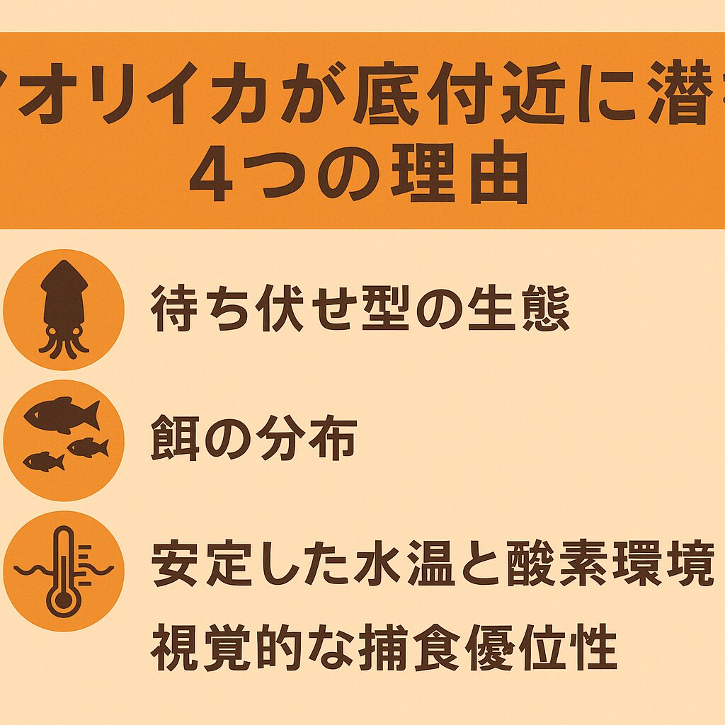 「アオリイカは底から攻める」というセオリーは、単なる経験則ではありません。 待ち伏せ型の生態、餌の分布、安定した環境、そして視覚的な捕食優位性という、4つの科学的な理由に裏付けられています。釣太郎