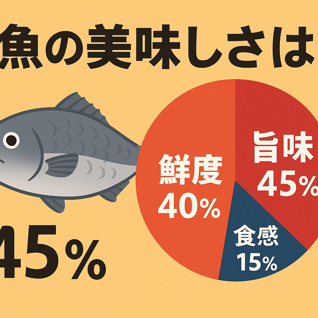 魚の美味しさは 鮮度40％・旨味45％・食感15％ のバランスで決まる。 釣りたて直後より、適切に処理し寝かせた方が旨味が増す。釣太郎