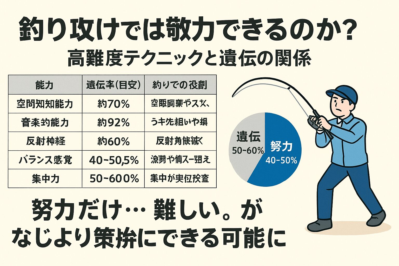 釣りの高難度テクニックは遺伝と努力の両方が関係する。遺伝が絡む割合はおおよそ50〜70%だが、残りは環境・練習で伸ばせる。自分の得意分野を活かし、苦手分野を戦略的に補えば十分に上達可能。釣太郎