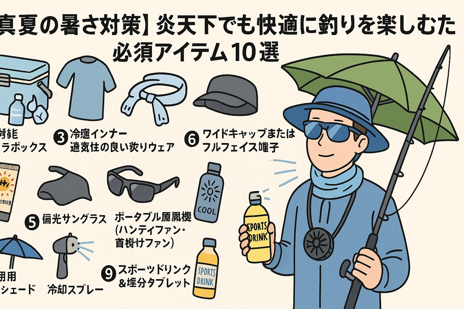 真夏の釣りは、正しい暑さ対策をすることで快適さも釣果も大きく変わります。 ・クーラーボックスで水分確保 ・冷感ウェアやネッククーラーで体温上昇を防ぐ ・日焼け止め、サングラス、帽子で紫外線対策 ・日陰の確保やポータブル扇風機で涼しい環境づくり。釣太郎