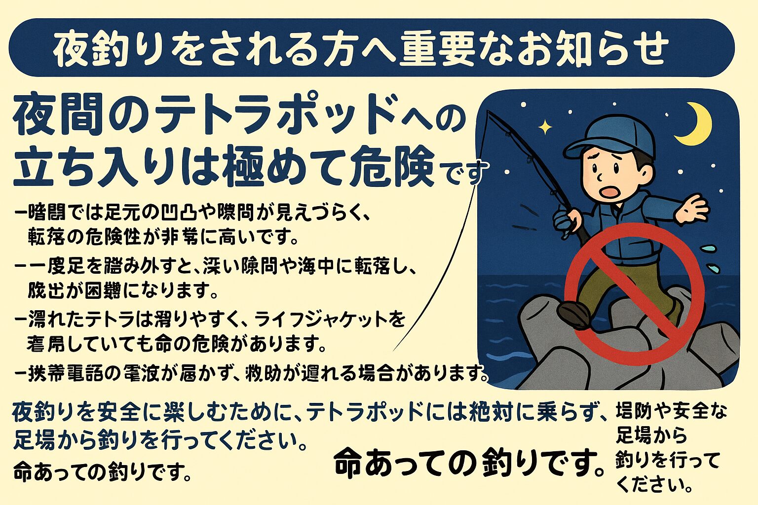 夜間のテトラポッド(消波ブロック)への立ち入りは極めて危険です。暗闇では足場の凹凸や隙間が見えづらく、転落の危険性が非常に高いです。一度足を踏み外すと、深い隙間や海中に転落し、脱出が困難になります。釣太郎