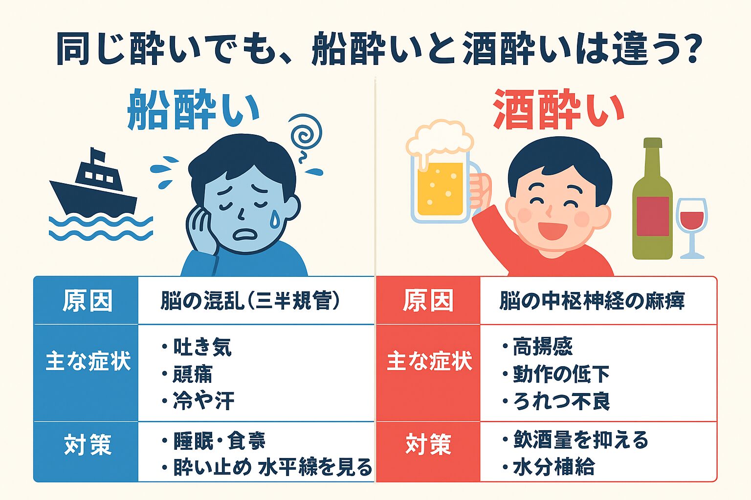船酔いは揺れによる脳の混乱、酒酔いはアルコールによる中枢神経の麻痺。原因も対処法も異なります。釣太郎