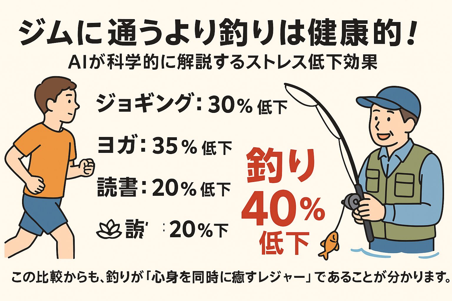 ジムやヨガも健康に良い活動ですが、釣りは心身両面に働きかける究極の健康レジャーです。ストレス指数40%低下は、その効果を裏付ける確かな証拠。釣太郎