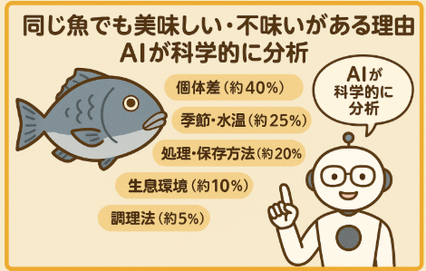 美味しさは“鮮度だけ”では語れない AI解析の結果、魚の美味しさは以下のように決まります。個体差・季節要因が65％を占める。処理や保存方法も20％を占め、鮮度より重要な場面もある。 魚種が同じでも“当たり外れ”があるのは科学的に当然。釣太郎