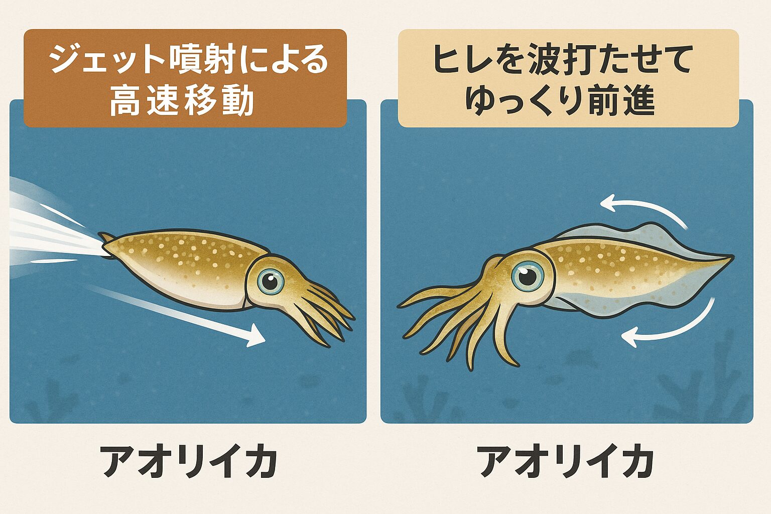 アオリイカは高速ジェット移動とスロー前進を使い分ける。ゆっくり前進は捕食や偵察の重要な行動パターン。釣太郎