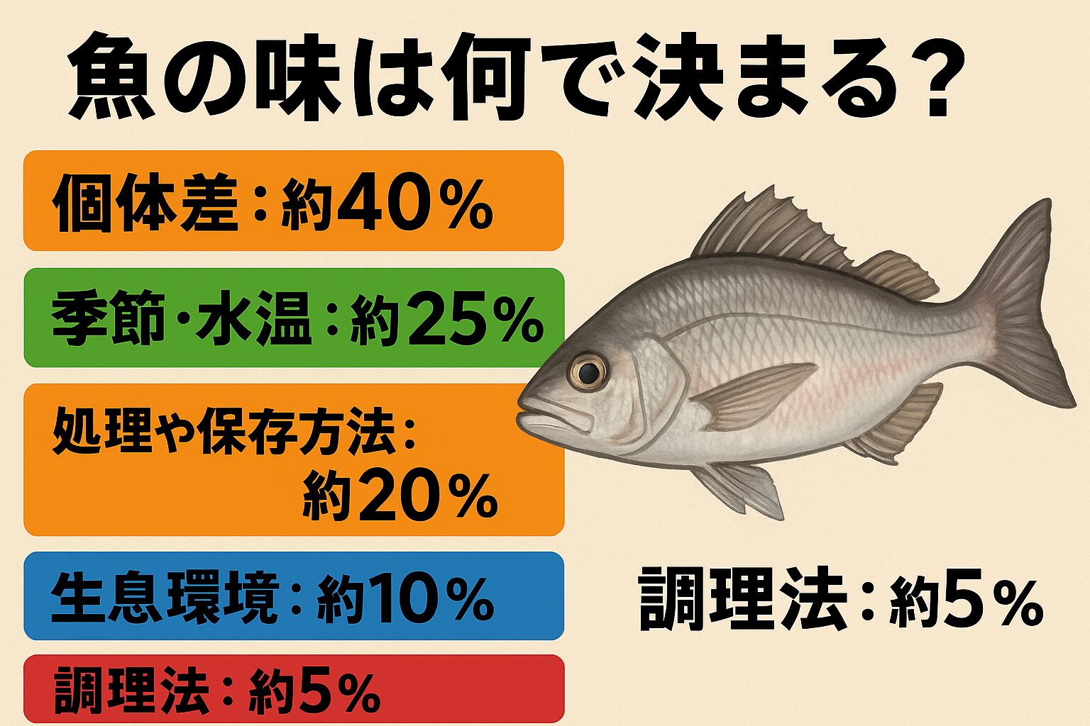 魚の味を決めるのは、鮮度だけではなく、個体差・環境・処理・調理といった要素が複雑に絡み合っています。
個体差(40%)と処理(20%)は釣り人の努力で改善可能。
季節や環境(35%)は釣行計画次第で狙いを絞れる。
調理(5%)も工夫でワンランク上の味にできる。釣太郎