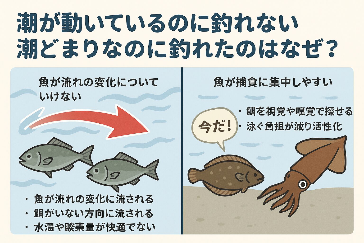 AI解析によれば、潮の動きが釣果に与える影響は全体の約40%程度。残りの60%は「魚の位置」「餌の有無」「水温・酸素量」「捕食パターン」など、他の要素が占めます。釣太郎